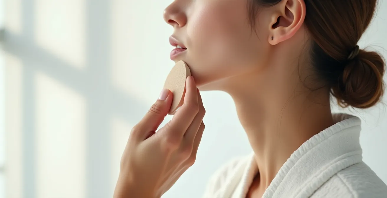 Application professionnelle du fond de teint dans le cou avec éponge