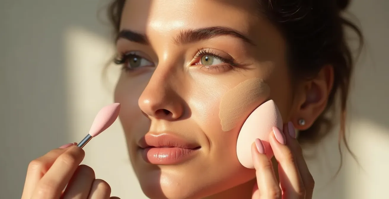 Application de fond de teint mélangé à un sérum hydratant sur peau sèche