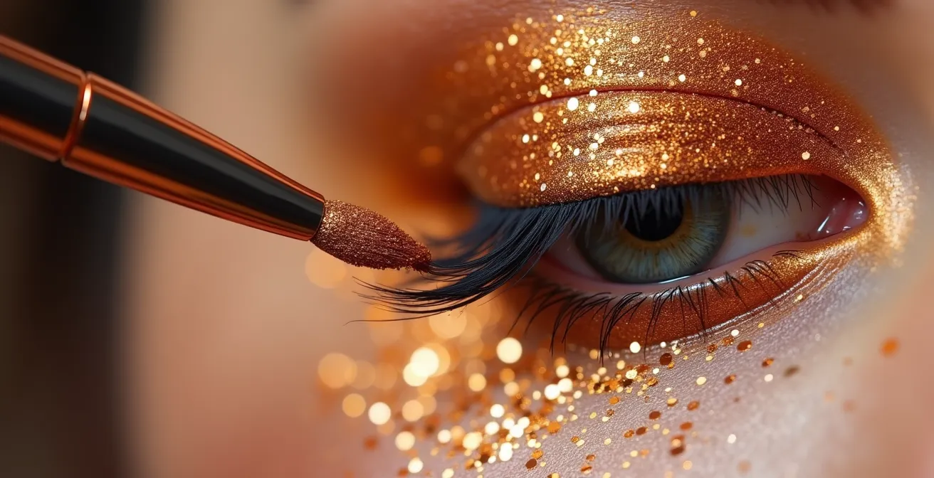 Gros plan sur l'application de paillettes dorées sur une paupière avec un pinceau professionnel
