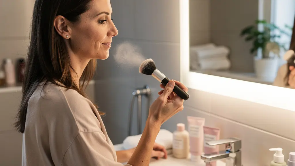 Femme appliquant une poudre fixatrice devant un miroir lumineux pour maquillage longue tenue