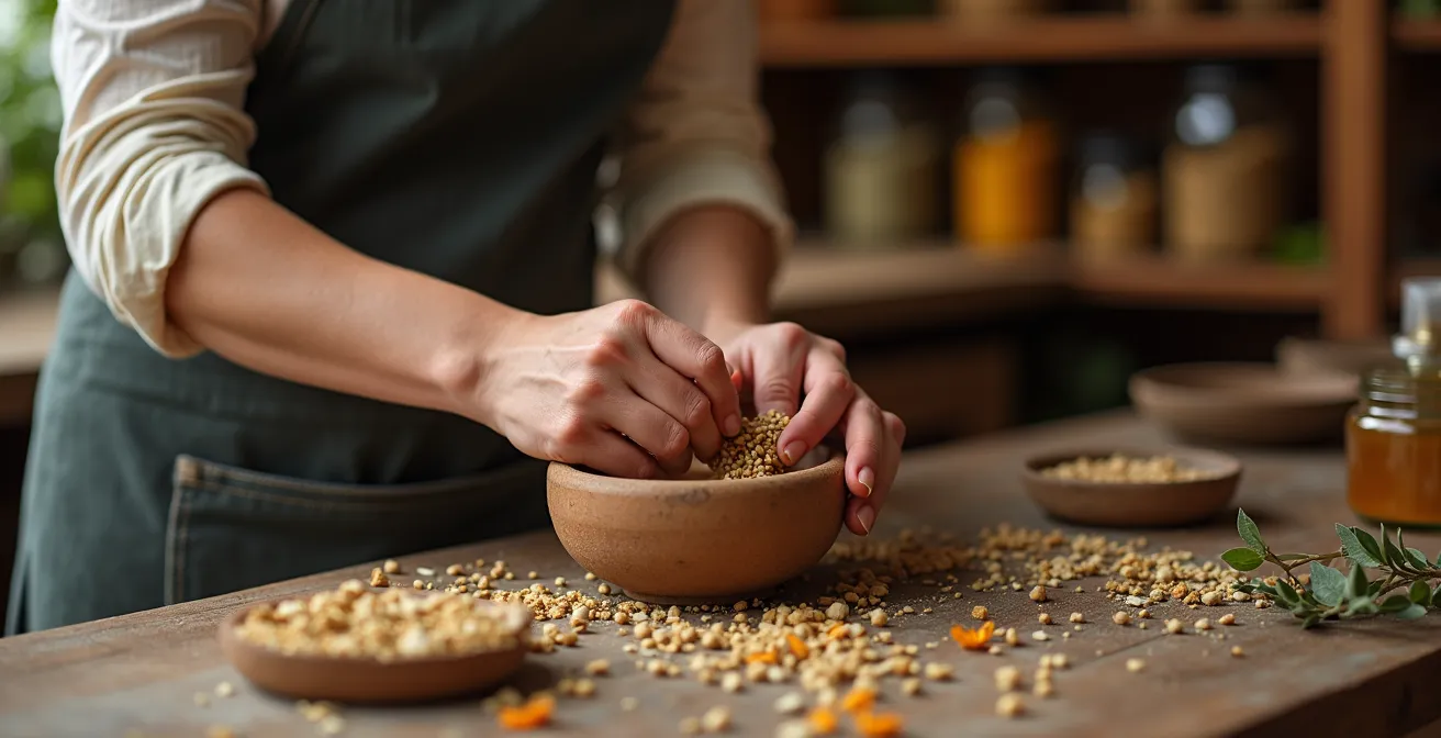 Atelier artisanal de fabrication cosmétique avec processus manuel traditionnel