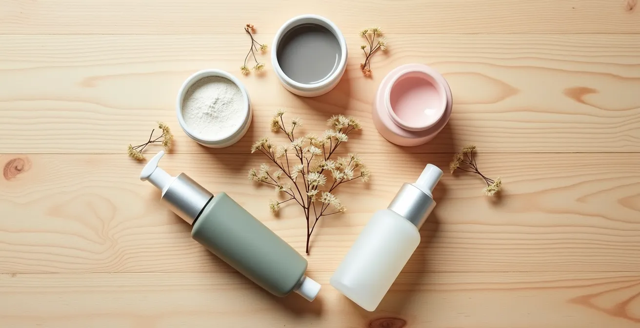 Arrangement circulaire de produits de soins représentant les phases du cycle avec textures variées