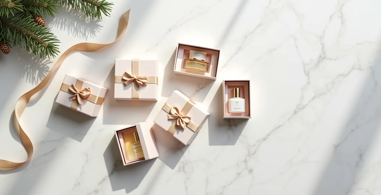 Composition minimaliste de coffrets beauté ouverts révélant leur contenu