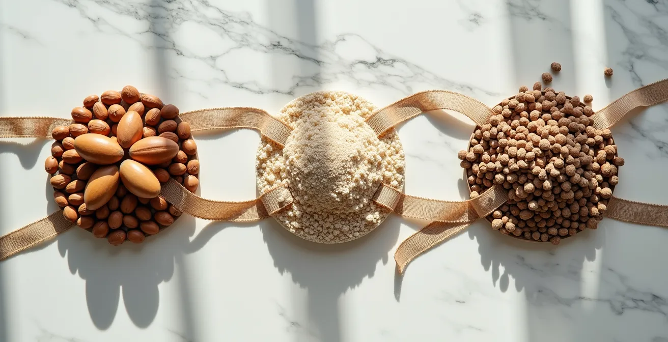 Composition symbolique comparant différents labels de commerce équitable avec des matières premières cosmétiques