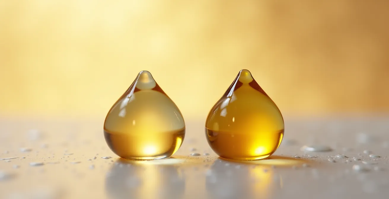 Vue macro de gouttes d'huiles de jojoba et noisette montrant leurs structures moléculaires différentes