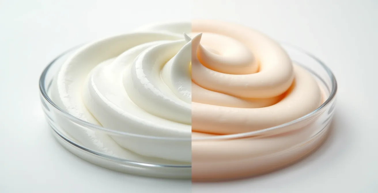 Gros plan macro sur textures de crèmes de luxe et alternatives pharmacie