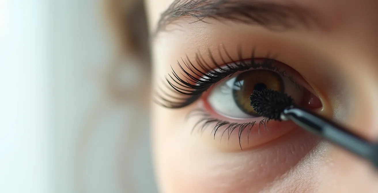 Application de mascara sur cils avec mise au point sur la texture et la brosse