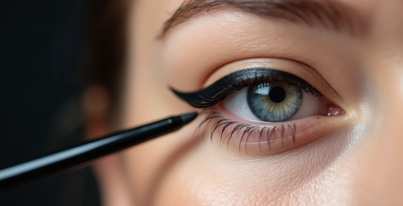 Gros plan sur un œil avec correction précise du trait d'eyeliner à l'aide d'un coton-tige