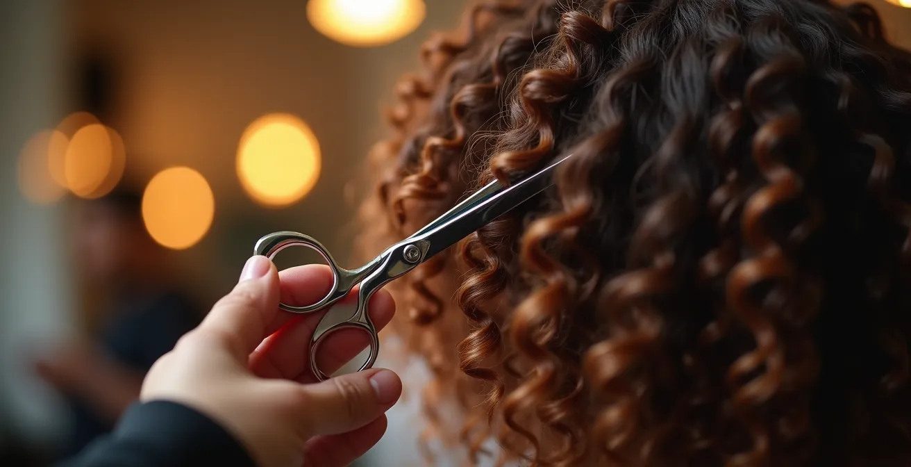 Coiffeuse parisienne travaillant sur cheveux bouclés avec ciseaux sculpteurs