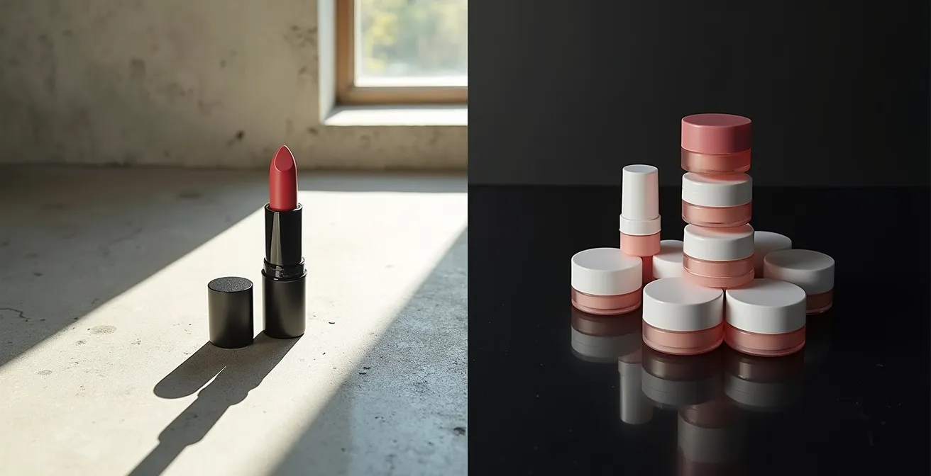 Mise en scène minimaliste illustrant le contraste de prix entre cosmétiques éthiques et fast-beauty