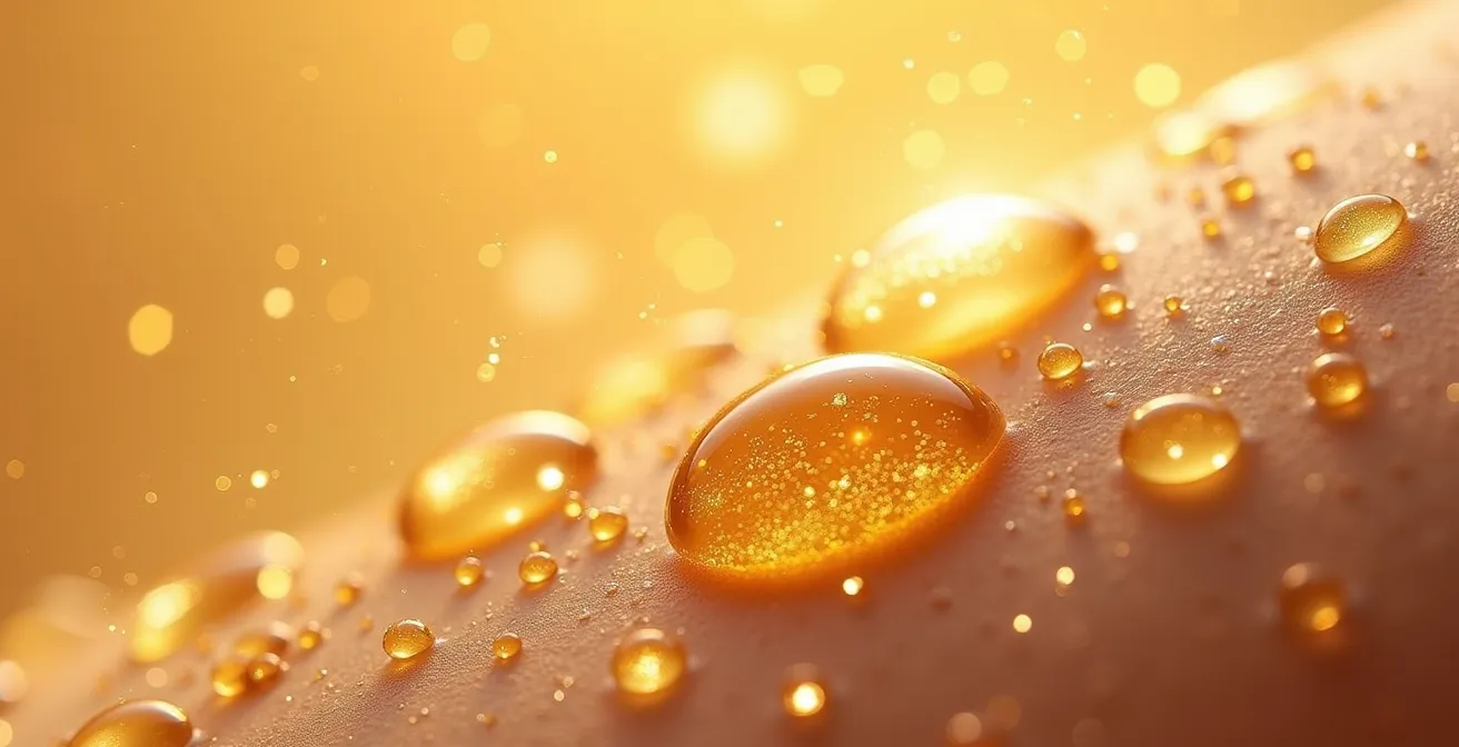 Texture d'huile dorée et nacres d'illuminateur en macro sur peau