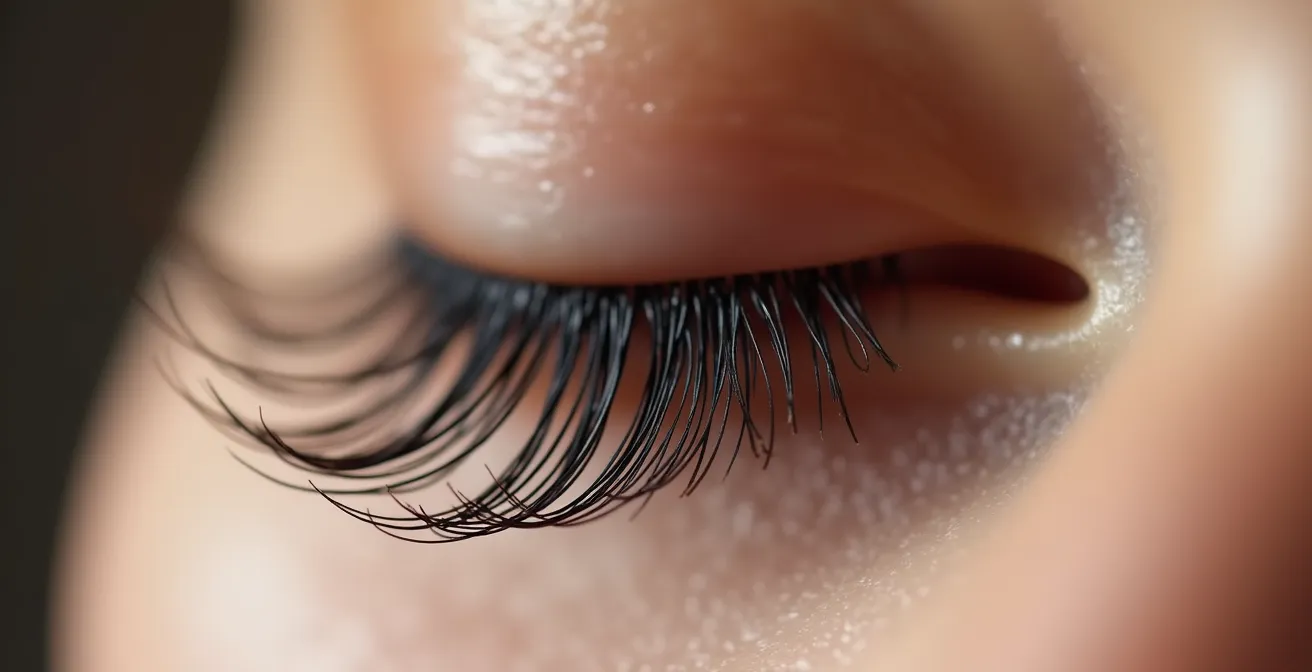Macro des cils après extensions brunes, montrant la courbe naturelle et la densité sans effet artificiel