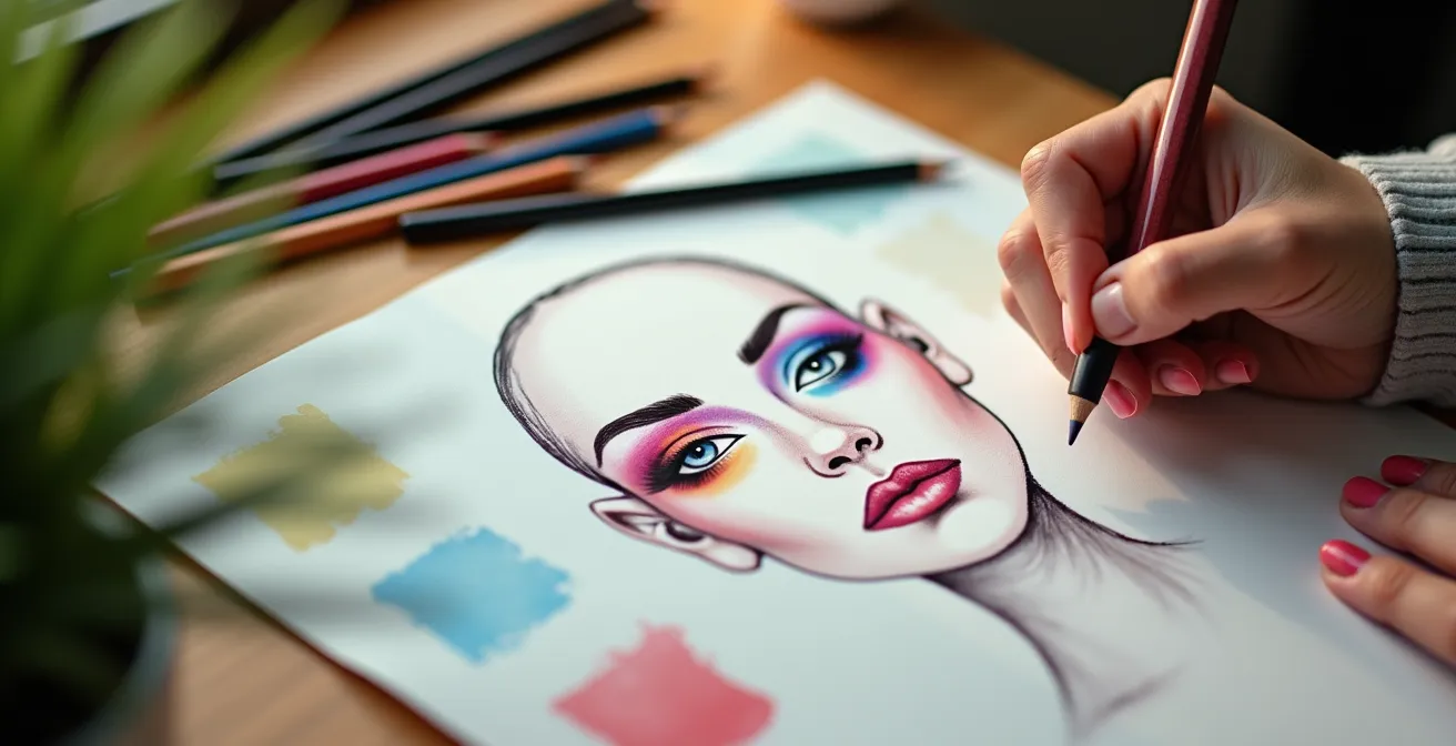 Mains d'artiste dessinant un face chart avec crayons de couleur professionnels