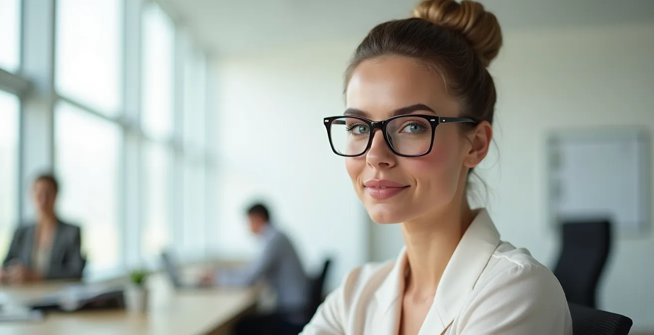 Femme avec chignon strict et lunettes rectangulaires mettant en valeur son maquillage