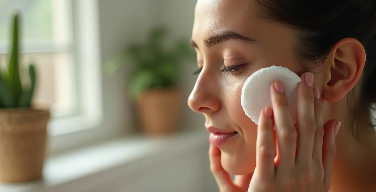 Une femme se démaquille en douceur avec une lingette lavable en tissu naturel