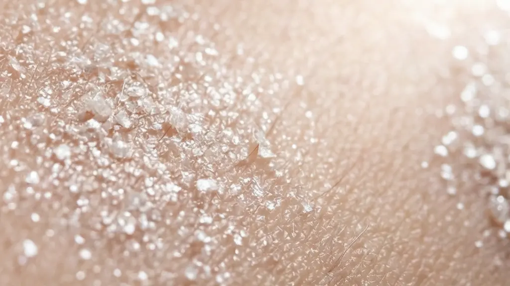 Macro de particules de poudre translucide sur la peau avec une lumière intense qui crée un voile blanchâtre, illustrant l’effet flashback.