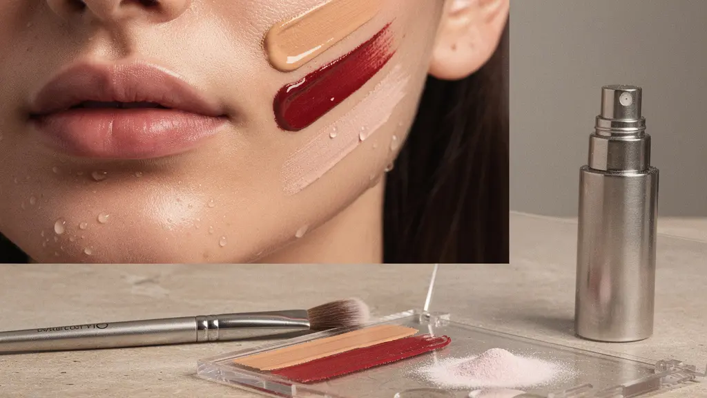 Photo editoriale realiste montrant des textures de fond de teint, de poudre et d'encre a levres sur une peau lumineuse, pour illustrer les promesses de tenue longue duree.