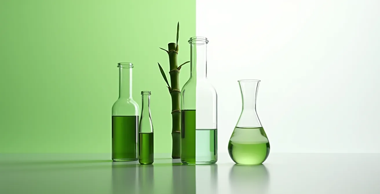 Composition minimaliste montrant le contraste entre apparence naturelle et réalité chimique