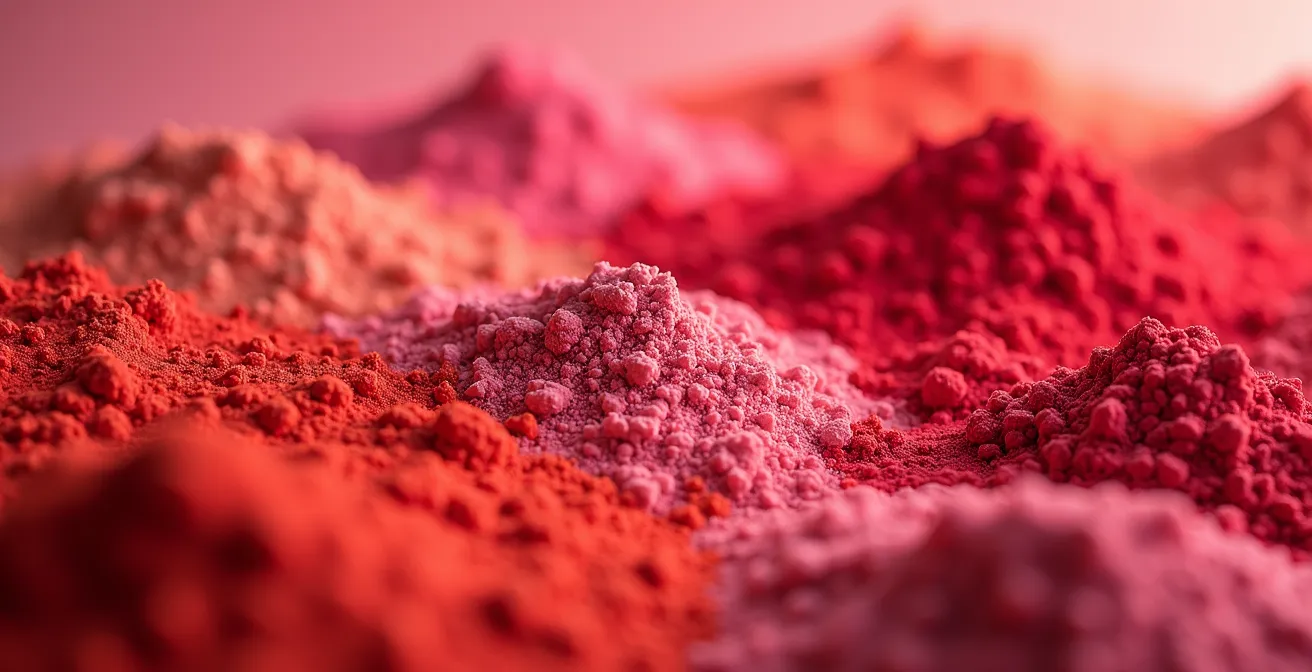 Texture macro de pigments rouges naturels et synthétiques en cosmétique