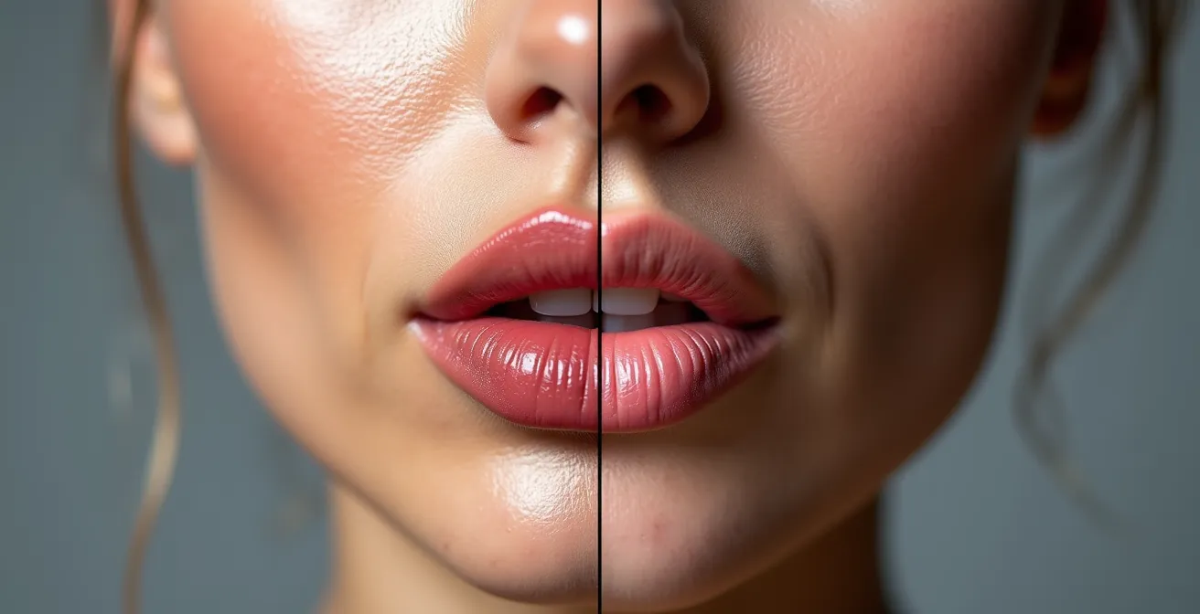 Comparaison visuelle entre texture mate et satinée sur lèvres matures