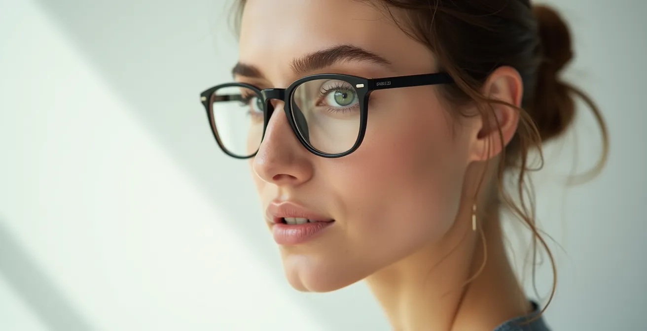 Femme aux yeux verts portant des lunettes avec un maquillage subtil adapté à sa monture