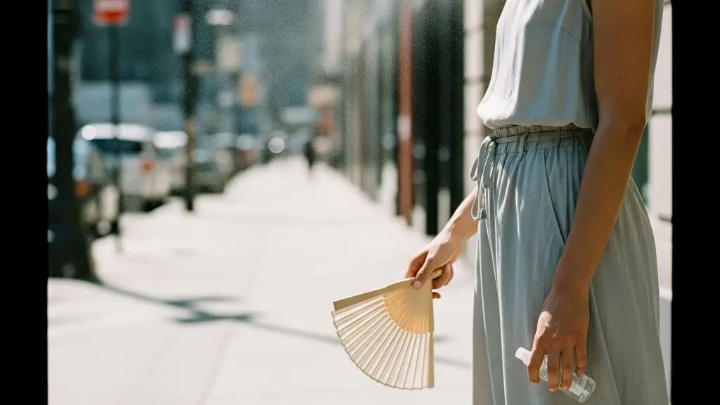 Personne en extérieur par temps chaud avec un maquillage intact, illustrant la tenue sous la chaleur et l'humidité.