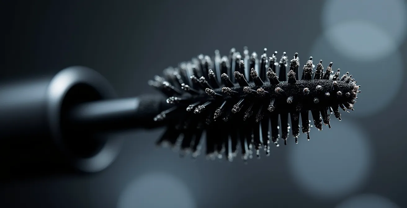 Gros plan macro sur brosse de mascara avec détails des fibres