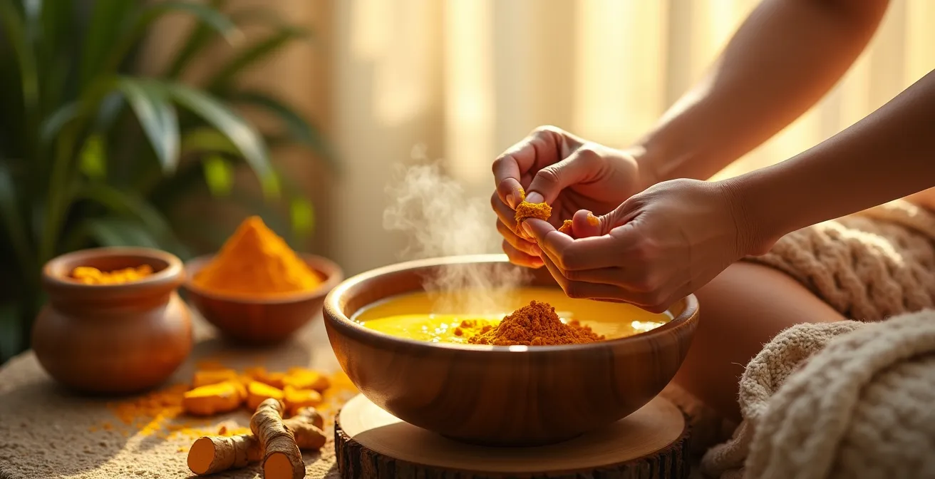 Préparation d'un masque facial au curcuma et lait de coco dans un bol en bois