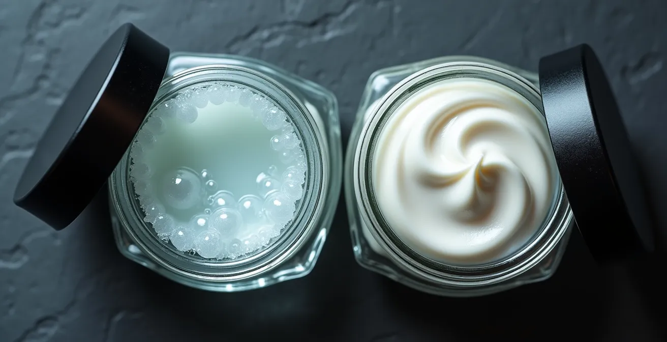 Deux pots de soins ouverts montrant des textures différentes sous un éclairage tamisé