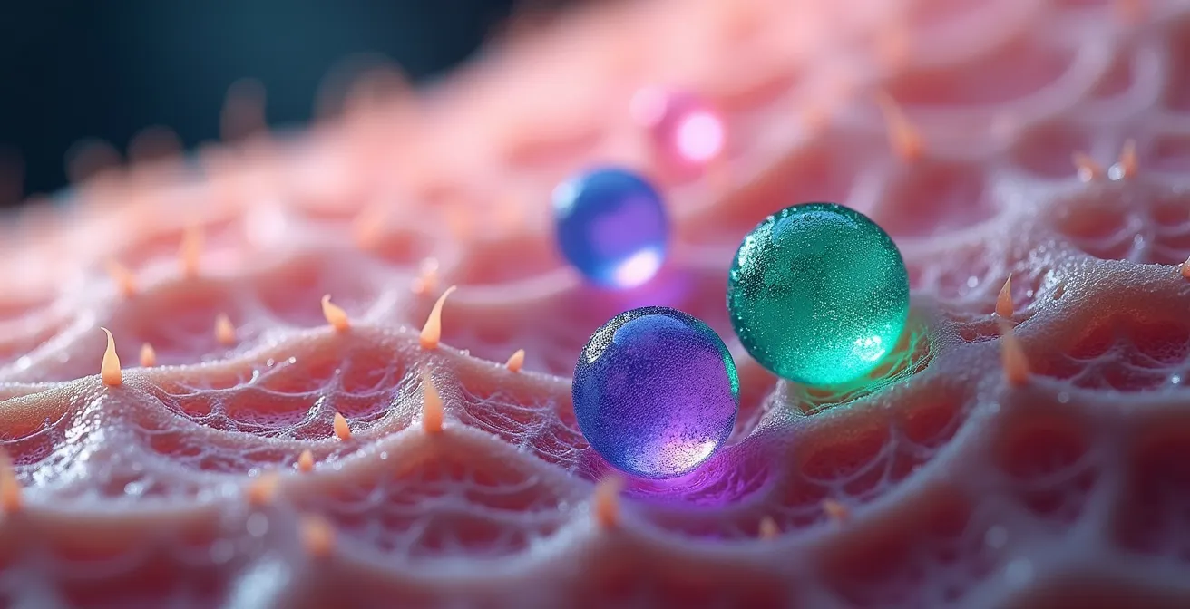 Représentation macro de la surface cutanée avec microbiome visible et équilibre bactérien