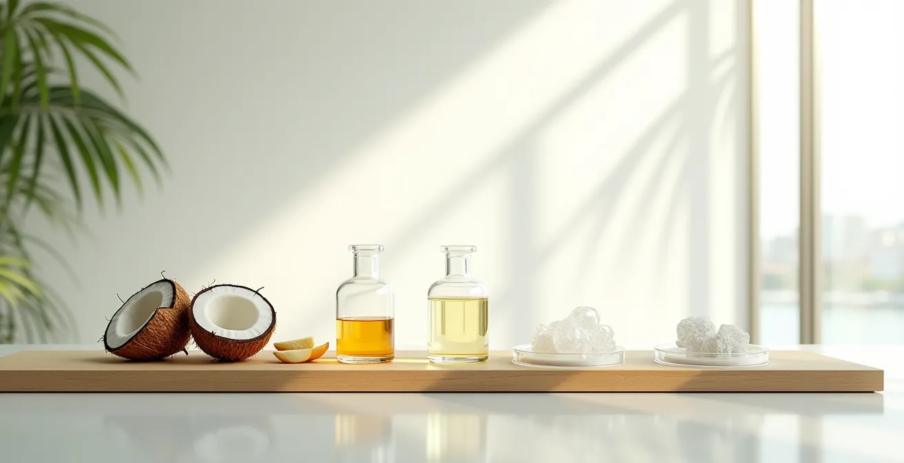 Composition minimaliste montrant la transformation de matières premières végétales en molécules cosmétiques raffinées