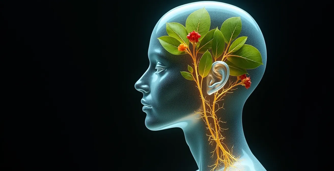 Représentation artistique de l'axe peau-cerveau avec des plantes adaptogènes et des connexions neuronales abstraites