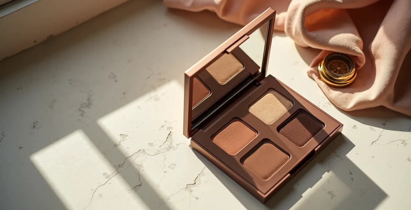 Palette de maquillage personnalisée avec 4 fards neutres sur surface épurée