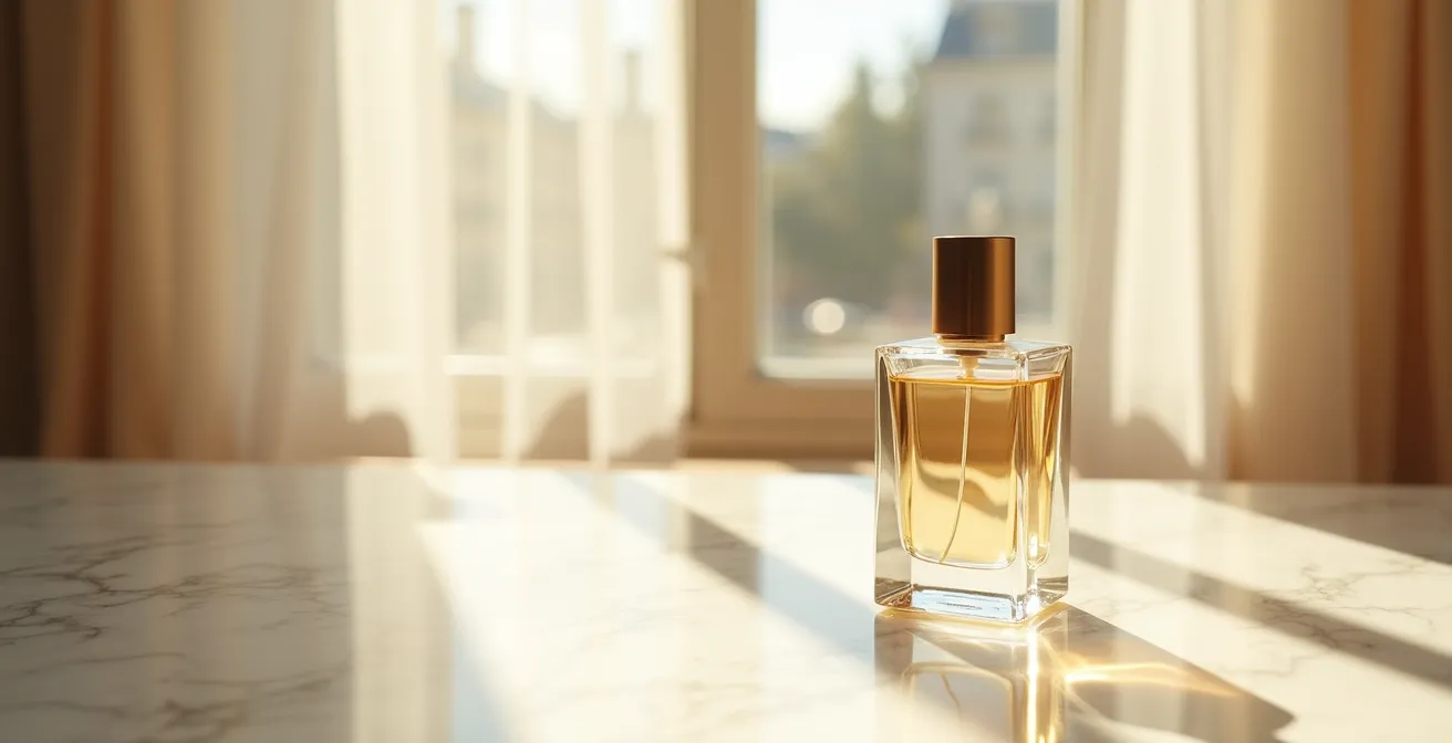 Nature morte élégante avec flacon de parfum dans une lumière dorée