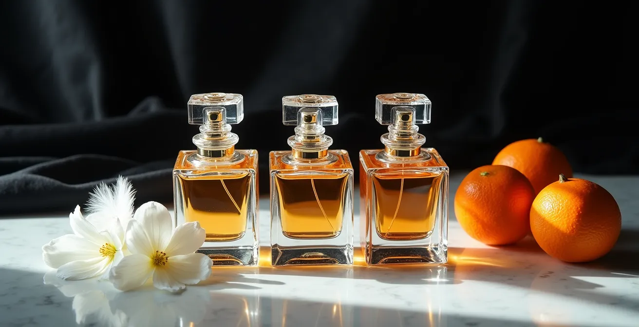 Nature morte élégante avec flacons de parfum en cristal et fleurs blanches