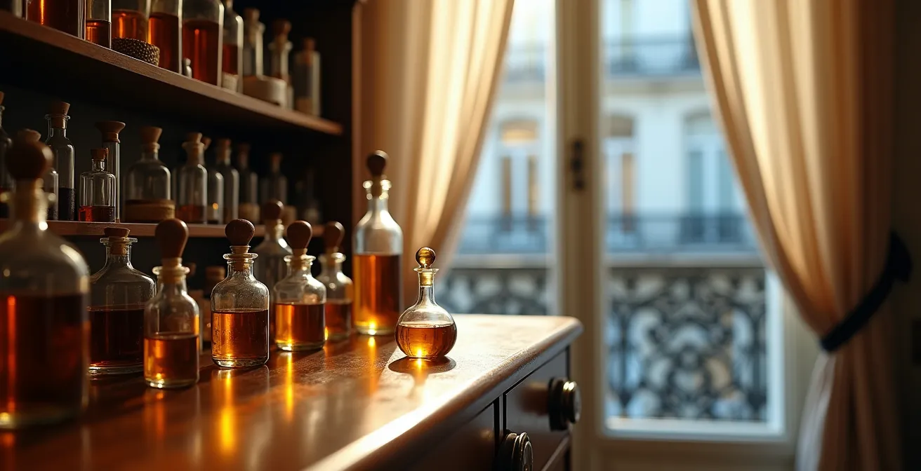 Intérieur d'une parfumerie parisienne avec flacons artisanaux et ambiance intime