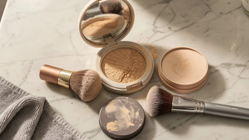 Assortiment de poudres fixatrices et pinceaux de maquillage organisés sur une coiffeuse