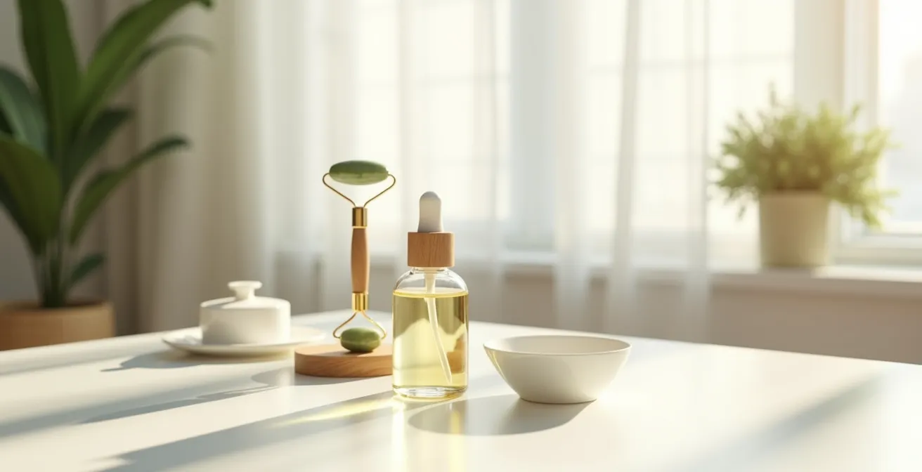 Espace de travail épuré avec produits de soin naturels disposés harmonieusement