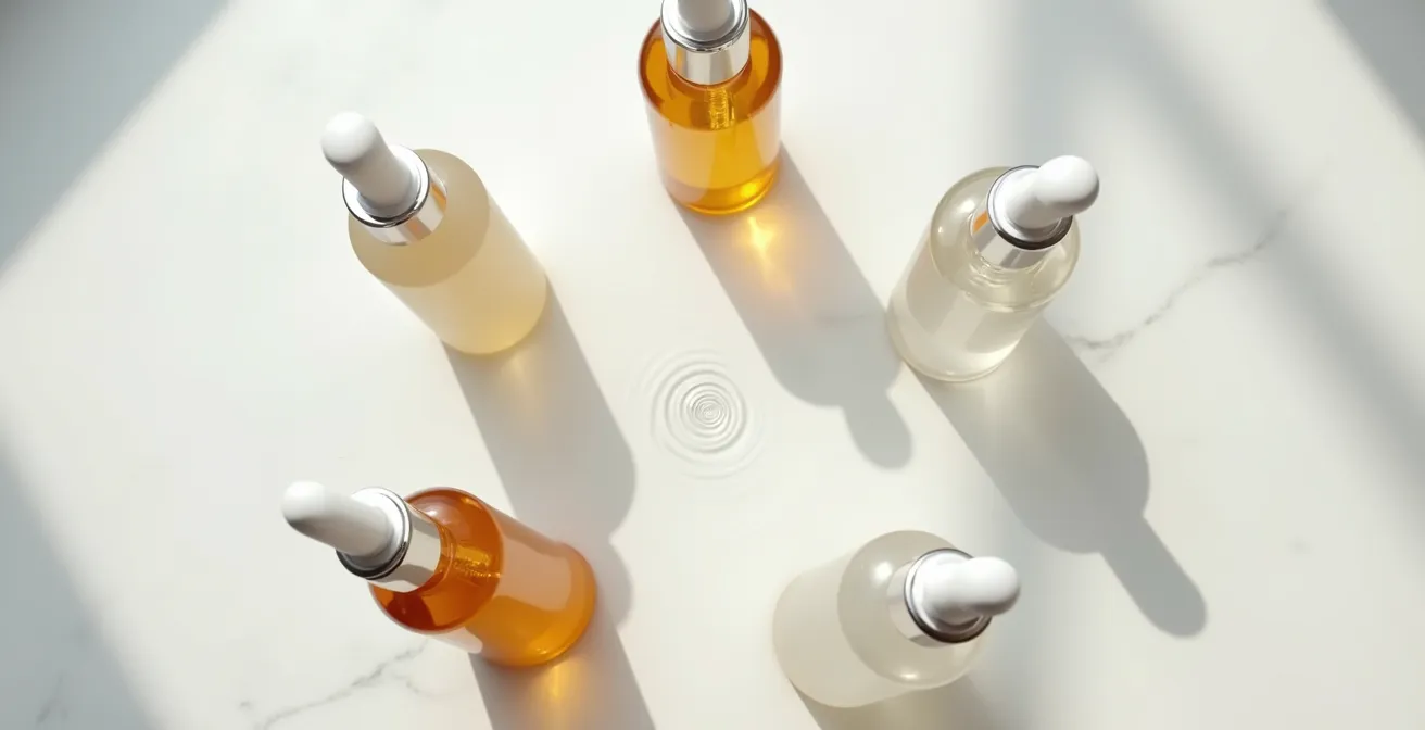 Arrangement minimaliste de flacons de soins disposés en cercle suggérant un cycle