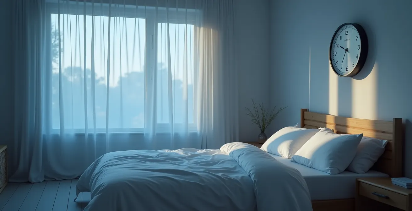 Chambre apaisante baignée de lumière lunaire évoquant le repos réparateur