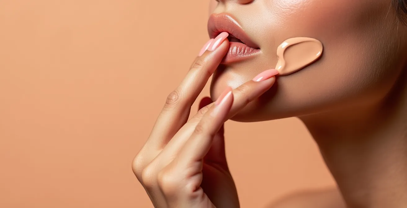 Main appliquant délicatement un produit crème rosé sur une pommette avec technique de tapotement