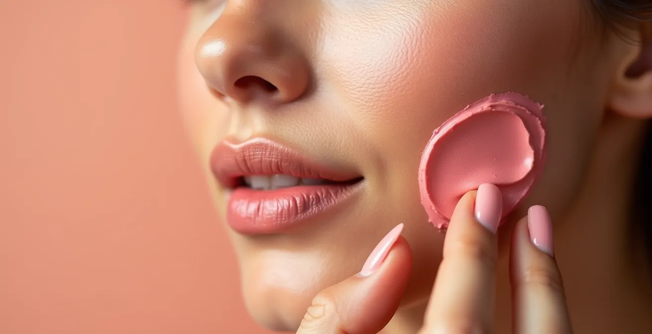 Gros plan sur l'application de blush crème sur les pommettes avec technique de draping
