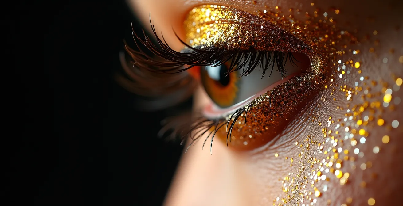 Gros plan macro sur un œil fermé avec des paillettes dorées et argentées parfaitement appliquées, montrant la texture scintillante et l'adhérence parfaite