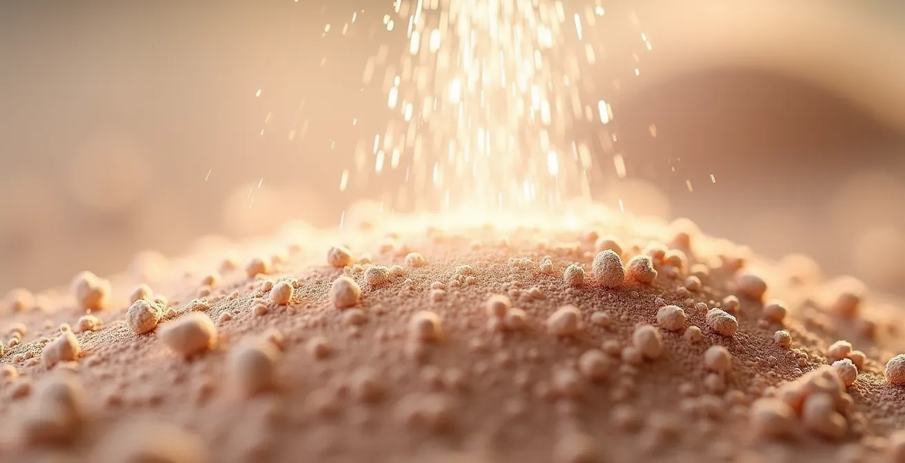 Démonstration macro de la technique de désinfection d'une poudre compacte avec spray d'alcool