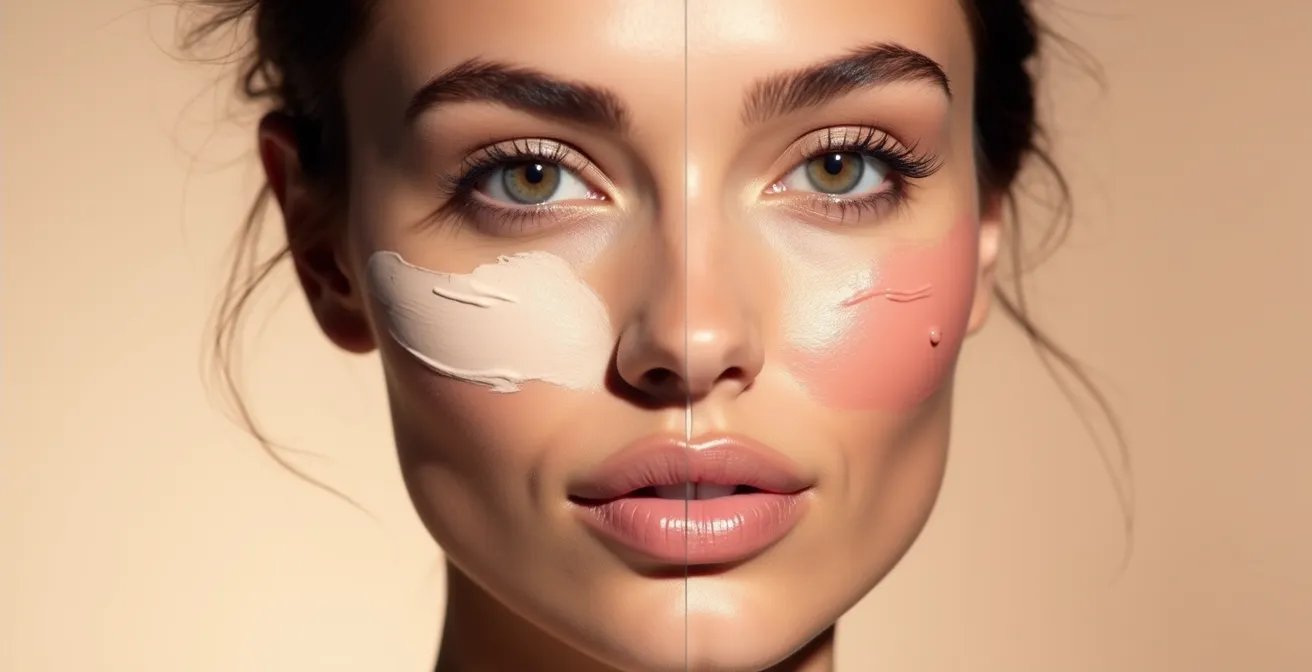 Application du draping avec un blush crème sur un visage rond pour redessiner l'ovale naturellement