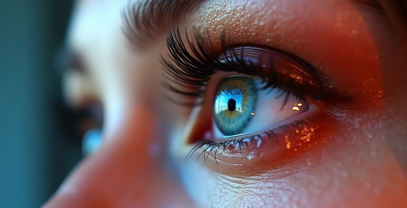 Gros plan sur un œil avec effet mouillé glossy sur la paupière