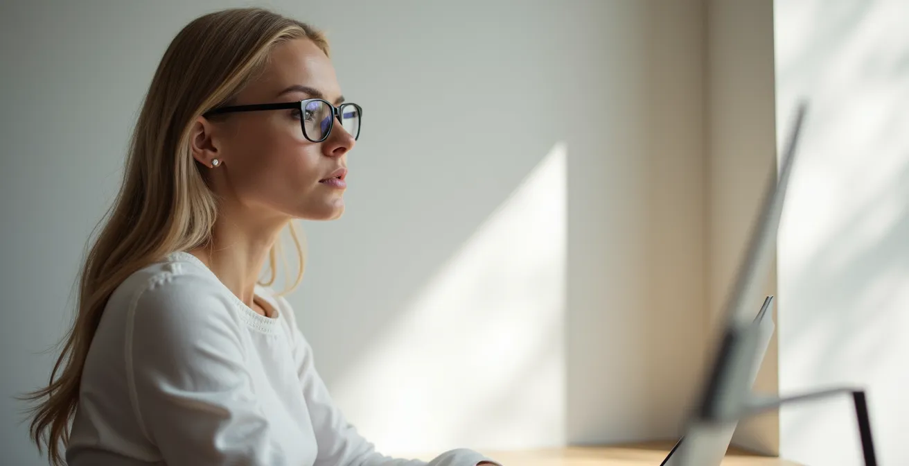 Femme portant des lunettes avec un maquillage adapté aux paupières tombantes
