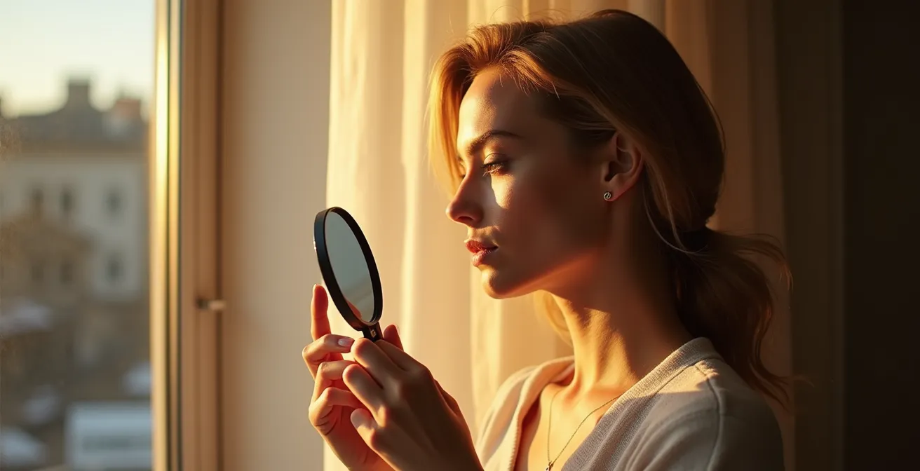 Femme testant son maquillage devant un miroir près d'une fenêtre avec lumière naturelle rasante