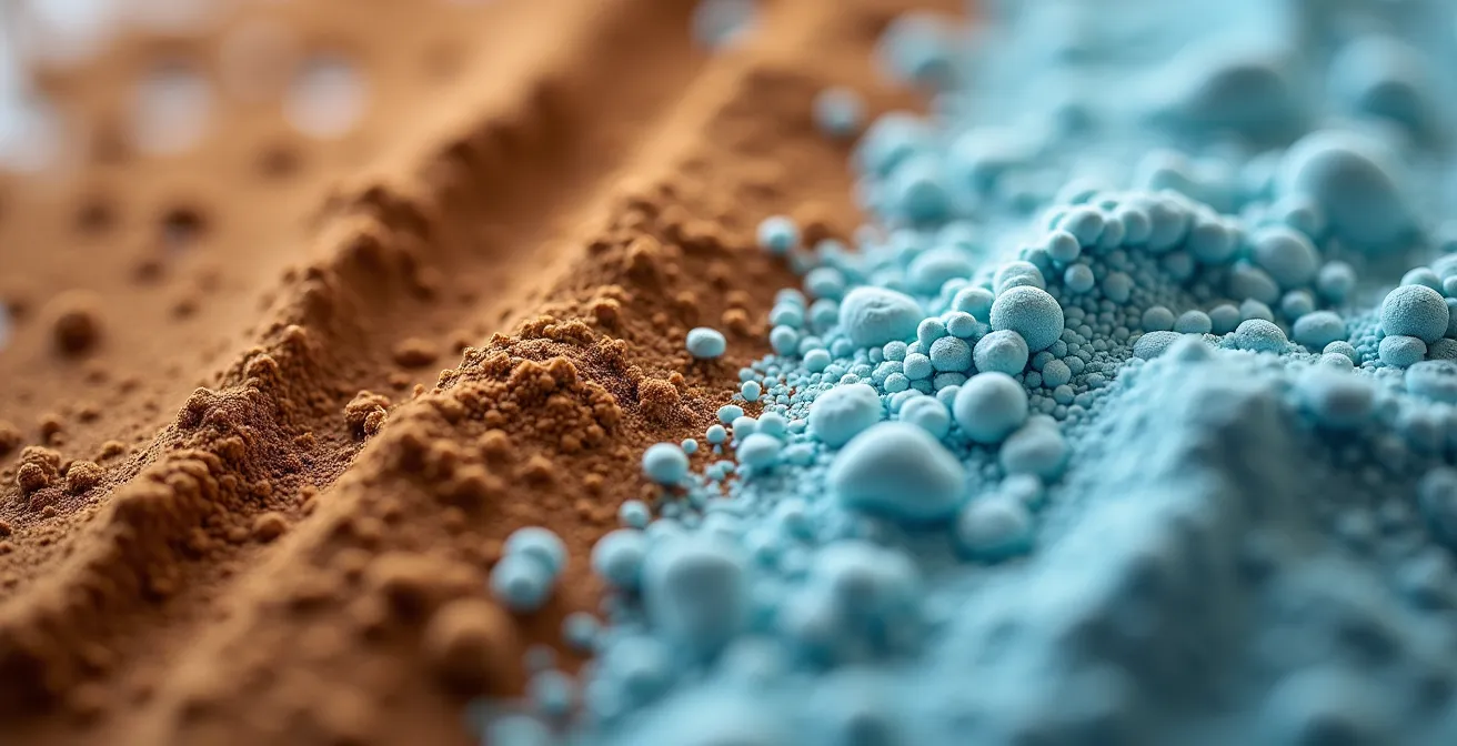 Vue macro de différentes textures d'exfoliants naturels comparés aux microbilles plastiques