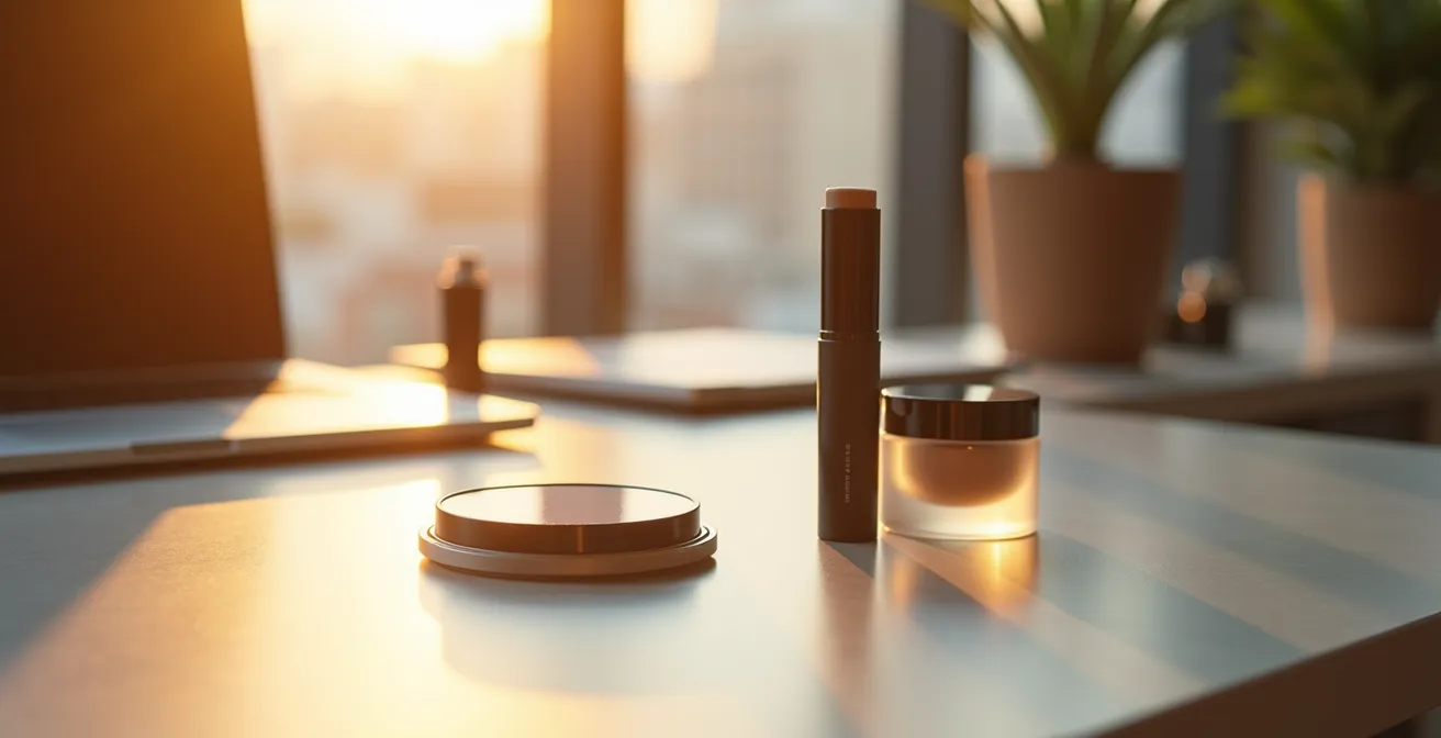 Vue en plan large d'un bureau moderne épuré avec des produits de maquillage minimalistes disposés stratégiquement, lumière naturelle de fin d'après-midi